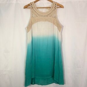 SAND & SPIRIT DRESS A LINE CREAM CROCHET WHITE TEAL OMBRE LINED SIZE L